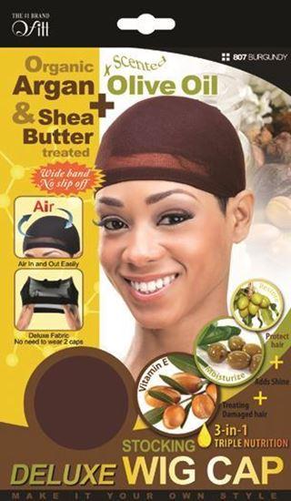 Qfitt Organic Argan & Shea Butter Treated + Olive Oil Scented Deluxe Stocking Wig Cap - 807 Burgundy